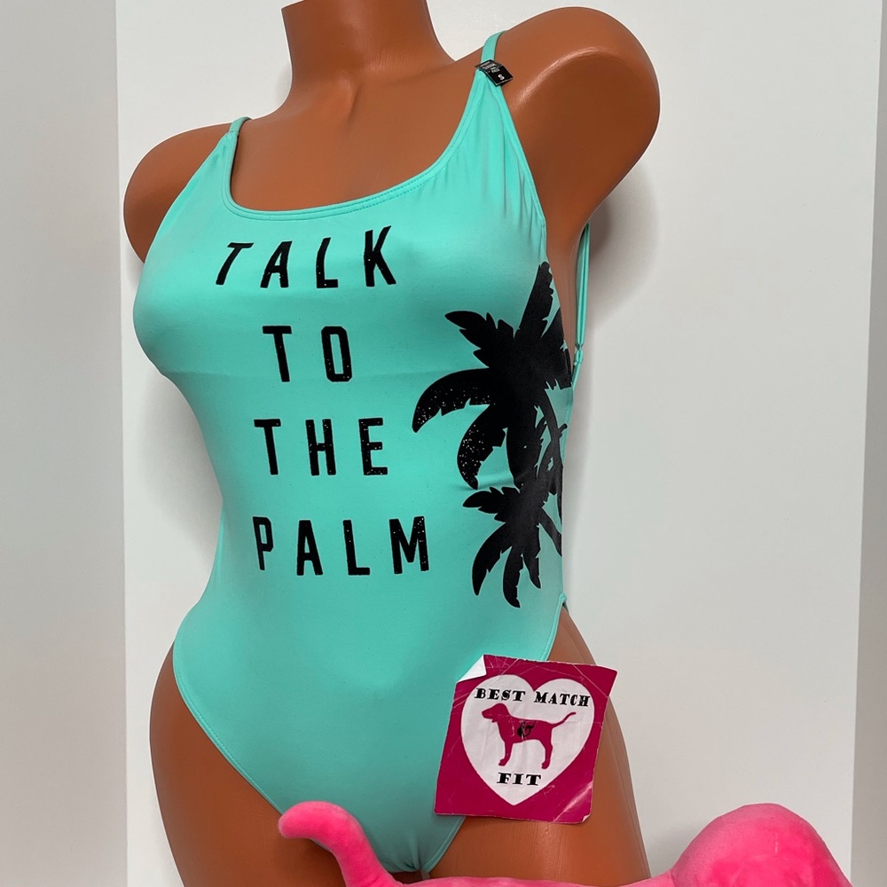 Victoria’s Secret PINK S Logo Glitter One-piece Swimsuit Tropical Palm Tree